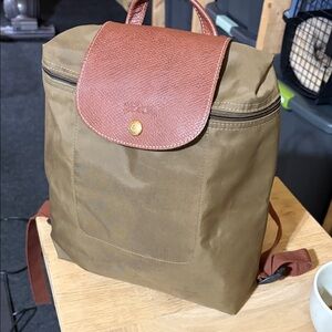 Longchamp Olive Green Backpack with Brown Leather Flap